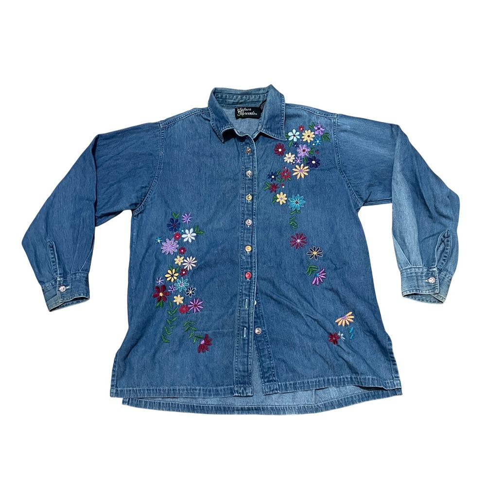 Silver Threads VTG Women's‎ M Denim Boho Western Floral Embroidered Button Down